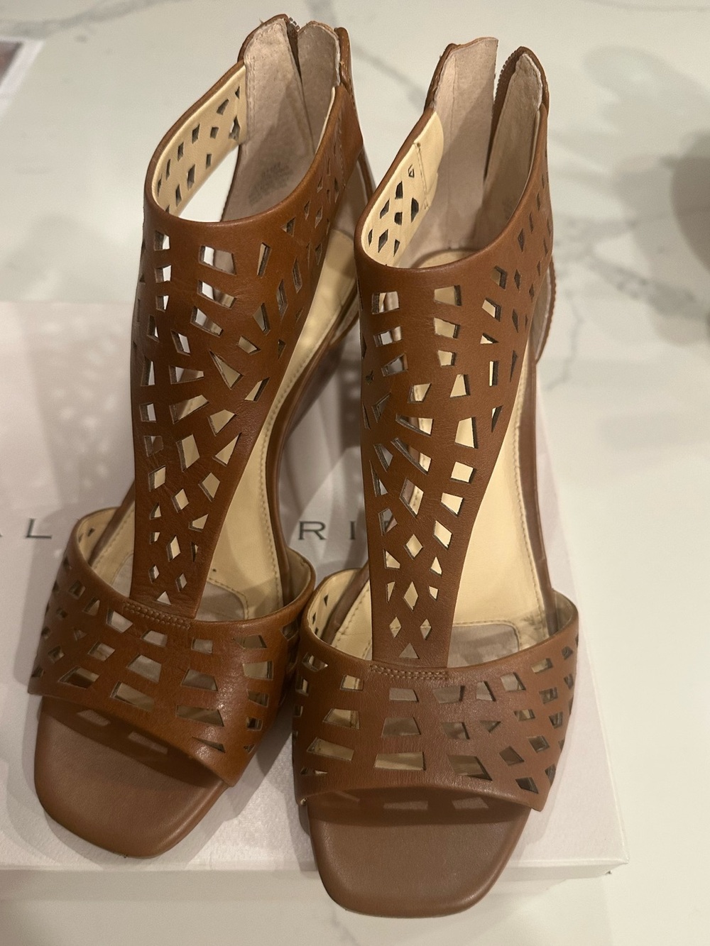 Alex Marie Brown Laser-Cut Open-Toe Heels